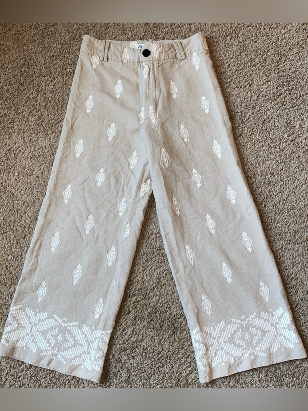 Zara High Waist Wide Leg Pants Sz M Embroidered Linen Blend Beige Boho Crop